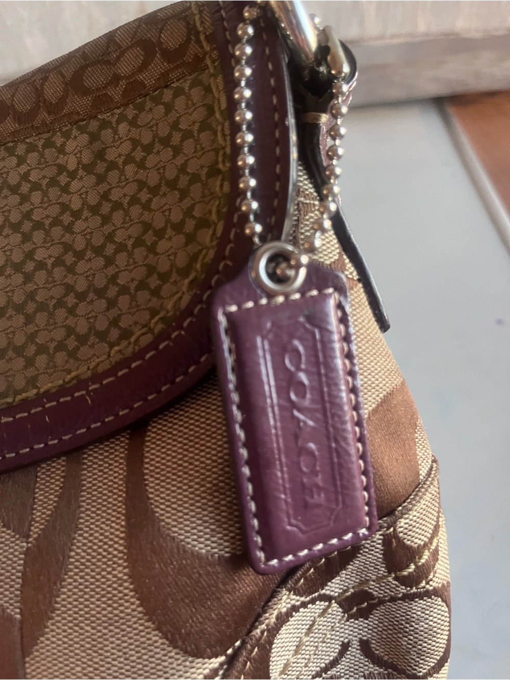 Coach Brown Signature Patchwork Shoulder Bag with Purple Trim - Picture 11 of 12